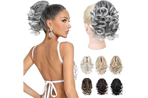 REECHO Pferdeschwanz Haarverlängerung, 23 cm Kurze lockige gewellte Haarklammer Haarteil Pferdeschwänze Haarverlängerungen Haarteile für Frauen Ponytail Extension - Den grauen mit weiß Enden