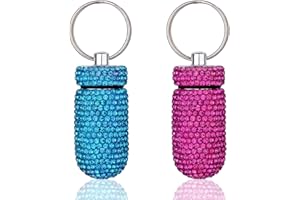 GOUWEIBA 2 Pezzi Portapillole Portachiavi, Contenitore per Pillole Impermeabile, Mini Portapillole Portatile con Portachiavi, Bottiglia per Medicina con Strass per Viaggi (Blu lago + Rosso rosato)