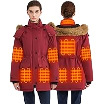 Hecusma Verwarmbare Jas Dames met 18400mAh 12V Powerbank, Parka Verwarmde Jas Dames, Parka Dames Winter Verwarmde Jas met Afneembare Capuchon voor Buiten, rood, S