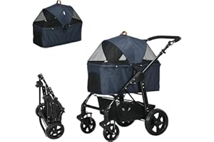 PawHut Hundebuggy 2 in 1 Hundewagen Transporttasche, Klappbarer Katzenwagen, Hundebox, Katzenbuggy mit Meshfenster, bis 10 kg für Kleine Hunde, Oxford, Dunkelblau