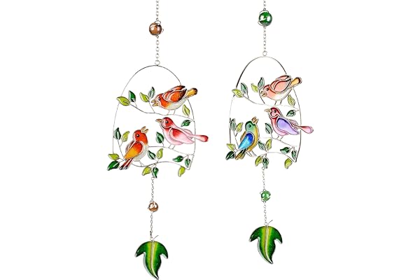 1 x vacker modern fönsterhängare dekorativ hängande glasbild fönsterdekoration Tiffany-konst färgglada fåglar vår sommar ca 44 cm