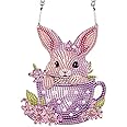 Lovely Rabbit in Teacup DIY Acrylic Diamond Art Painting Pendant Kits Special Shaped Rhinestone Round Diamond Art Window Pendants Home Garden Wall Door Birthday Easter Day Festival Gifts