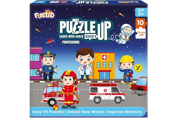 Funtad Kids Puzzleup Learn Professions,10-In-1 Entry Level Puzzle,45 Big Size Jigsaw Pieces,Montessori Educational Toy To Improve Memory & Unlock New Words,Gift For Boys & Girls Age 3,4 & 5 Yrs