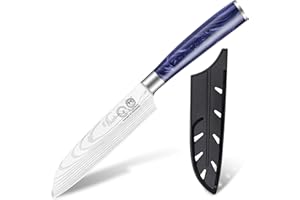 XYJ Coltello da Cucina Professionale, Coltello Santoku Giapponese da 5 Pollici in Acciaio Inossidabile, Motivo Laser Damacus, Coltello da Carne per Cucina, Campeggio e BBQ, Coltello con Coperchio
