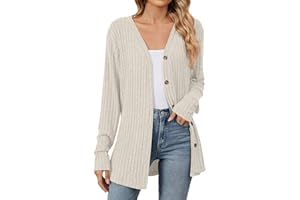 Uwdiohq Damen Leichte Strickjacke Lang Elegante Locker Lässig Cardigan Casual V-Ausschnitt Strickpullover Langarm Knopfleiste Strickcardigan Dünn Kultivieren Frauen Autumn Outwear Open Front