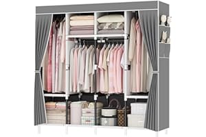 SMILOVII Canvas Wardrobe, Portable Wardrobe With 4 Hanging Rails, 4 Compartments and 4 Side Pocket Fabric Wardrobes, Zippered Open Wardrobe, 165 x 160 x 45 cm, Foldable Closets for Bedroom - Gray
