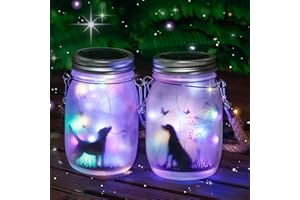 MLOQI 2 Pack Solar Hanging Lanterns Outdoor Dog Silhouette,Solar Garden Lanterns Fairy Garden Ornaments Outdoor Mason Jar Lights
