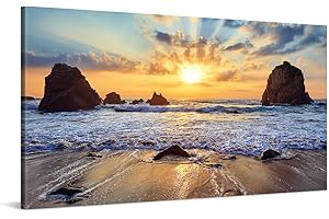 PICANOVA – Cuadro Sobre Lienzo Sunset Over Rocky Beach 100x50cm – Impresión En Lienzo Montado Sobre Marco De Madera (2cm) – Disponible En Varios Tamaños – Colección Playas