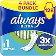Always Ultra Sanitary Towels/Pads with Wings, Normal Size 1, Ultra Thin, 128 Towels (32 x 4 Packs), Super Saving Box, Odour Neutraliser, Super Absorbent Core
