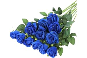 Hawesome 12PCS Artificial Roses Fake Flowers Single Long Stem Blooms With Rose Buds Wedding Decoration Bridal Bouquet Decorative Flower Arrangement Home Decoration Party Centerpieces in Blue
