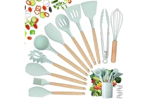 Utensili Cucina Set, hicoosee 22 Pezzi Senza BPA Mestoli Cucina Silicone con Manico in Legno Antiaderenti da Cucina Strumento di Cottura Termoresistenti con 10 S Ganci, Verde 01