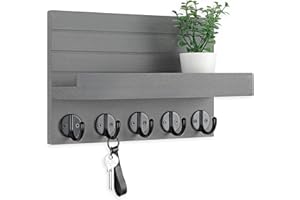 Lwenki Key Holder for Wall, Decorative Key and Mail Holder with Shelf Has Large Key Hooks for Bags, Coats – Paulownia Wood Key Hanger with Mounting Hardware (9.8”W x 6.7”H x 4.2”D) (Grey)
