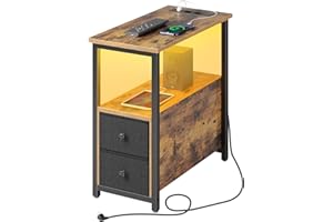 ‎ROLANSTAR Rolanstar Beistelltisch mit Steckdosenleiste, Schmaler Nachttisch mit 2 Schubladen, Sofatisch aus Holz für kleine Räume Wohnzimmer Schlafzimmer, Vintagebraun, 58L x 28B x 60H cm