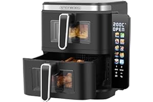 ‎STEINBORG Steinborg® Heissluftfritteuse Doppelkammer 11 Liter Heißluft-Frittieren Heißluftfritteuse 2 vertikale Schubladen 5,5L+5,5L Grillen Backen Dörren Frittieren Friteuse ohne Öl Heißluftofen Heißluftgrill