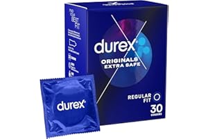 Durex Originals Extra Safe, 30 Condoms, Regular Fit, With Silicone Lube, Easy on Shape, Teat Ended, Increased Thickness, Natural Latex