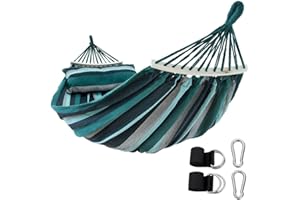 ‎YOUR GEAR yourGEAR Bali XL Hängematte mit Kissen - 240 kg TÜV geprüft, 240x120 cm, Smaragd oder Aqua, Baumwoll-Stabhängematte, inkl. Befestigungsset