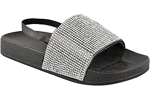 Fashion Thirsty Kids Sliders Girls Flats Diamante Summer Childrens Comfy Holiday Slip On Sandals Flip Flops Sling Back Open Toe Slides Beach Pool Shoes Mules Bath Shower Slippers