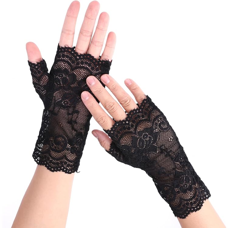 thumbnail image 2 of L'VOW Gothic Black Lace Gloves For Women - Vampire & Witch Gloves - Halloween, One Pair (Black 2 of 13
