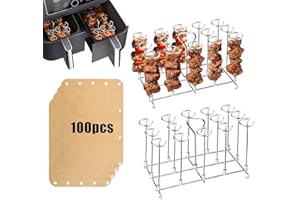 BESPOTCL 304 Edelstahl Vertikalspieß-Set Kompatibel mit Ninja Foodi Heißluftfritteuse AF300EU AF400EU - 28 Grillspieße Halterung mit 100 Stück Fettauffangpapier - BBQ Grillrost Luftfritteuse Zubehör
