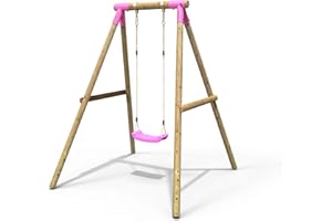 Rebo® Children's Wooden Garden Swing Set - Solar Pink | OutdoorToys | Pressure Treated Timber, Soft Feel Ropes, Pink Swing Seat, Sturdy Construction for Kids