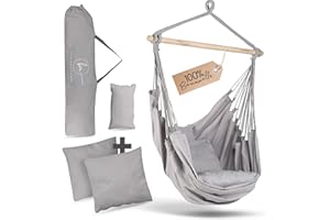 ‎BM BELLAMATILDA BELLAMATILDA® HÄNGESESSEL 100% Baumwolle | breites Tuch und 3 Kissen | Hängestuhl Outdoor & Indoor | XXL Hängesitz für Erwachsene & Kinder bis 150 kg (Länge 120_x_Breite 160_cm, Hellgrau)