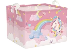 Clastyle 36L Grand Paniers Rangement Licorne Arc-en-ciel Rose avec Poignée Boîtes de Rangement Étoile Papillon Repliable Jouets Rectangulaire pour la Chambre des Enfants