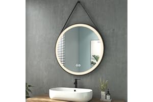 Heilmetz Specchio Bagno LED con Luce Rotondo 80 cm, Specchio da Bagno con Interruttore Tattile + 3 Colori di Luce Dimmerabile, Cornice Nera e Tracolla Regolabile