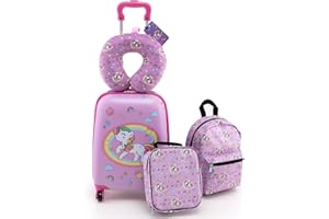 COSTWAY 5 teiliges Kinderkoffer + Rucksack, Kindertrolley mit Lunchbox, Gepäckanhänger & Nackenkissen, Kindergepäck mit Rollen, Handgepäck Reisekoffer Hartschalenkoffer für Jungen & Mädchen (Einhorn)