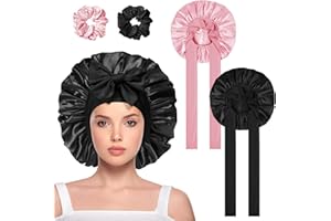 ACWOO Gorros De Satén para Dormir, 2 Piezas Gorro de Seda Ajustable, Gorro para Dormir Suave de Satén, Gorros de Dormir De Seda con Banda Ancha para Mujeres y Niñas (Negro, Rosa)