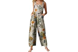YILEEGOO Cotton Linen Dungarees for Women, Ladies Casual Overalls Baggy Wide Leg Pants Jumpsuit Playsuit