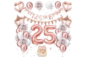 VUCDXOP Rose Gold 25th Birthday Decorations - Balloons, Banner, Cake Toppers & Number 25 for Women
