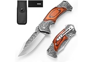 Omesio Couteau Pliant M-XY, Couteau Randonnée Acier 420, Poignée En Bois, Avec étui En Cuir Nylon Et Clip De Poche,Convient Pour Les Activités De Plein Air, Le Camping, Etc.