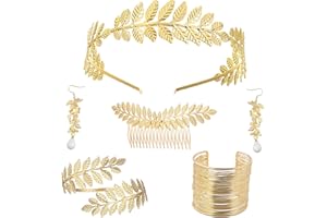 Sprießen Zestaw biżuterii do kostiumu greckiej , 5 sztuk, biżuteria ślubna, bransoletka na ramię, kolczyki, wieniec laurowy, spinka do włosów, bransoletka, złoty ślub, liść boho, akcesoria do