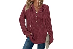 SYPHIBY Hoodies for Women Ladies Jumpers Long Sleeve Tops Drawstring Button V Neck Casual Pullover Sweatshirt Spring Autumn Winter Tunic Clothes