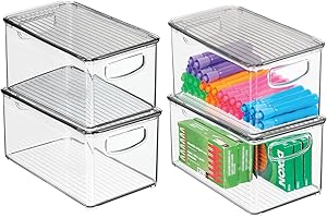 mDesign Juego de 4 cajas organizadoras con asas integradas – Caja de almacenaje para cocina, baño o material de oficina – Organizador de escritorio con tapa en plástico – transparente y gris