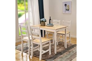 Panana Pine Wood Dining Table and 4 Chairs Set, 5-Piece Home Kitchen Furniture Set (Natural White)