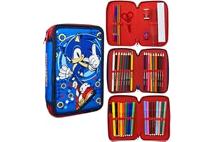 CARTOON Astuccio 3 zip Sonic completo 44 pezzi cancelleria multiscomparto penne matite colori pennarelli giotto per la scuola