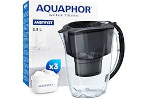 AQUAPHOR Amethyst Fridge Water Filter Jug, Includes 3 x Maxfor+ Cartridges to Reduce Lime, Chlorine & Heavy Metals, Plastic, Volume 2.8 L. (Black)