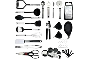 M MSDEE Kitchen Utensils Set - 27 Pcs Cooking Utensils Set Heat Resistant Non Stick Kitchen Set - Turners Gadgets Tools, Stainless Steel Handle Kitchens Accessories Spatula, Ladle, Spoon, Scissors