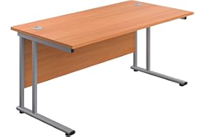 Office Hippo Heavy Duty Rectangular Cantilever Office Desk, Home Office Desk, Office Table, Integrated Cable Ports, PC Desk For Office or Home, 5 Yr Wty - Silver Frame/Beech Top, 160cm x 80cm