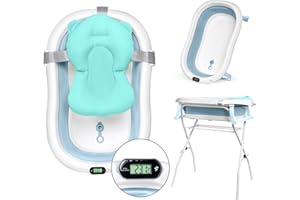 moovkee. Babybadewanne mit Gestell 80cm - Baby Badewanne Faltbar mit Thermometer und Badekissen - Babywanne mit Ständer Sicher für Ihr Baby - Babybadewanne Neugeborene
