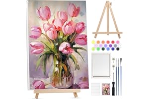 BOWETILE Flores Rosadas Pintar por Numeros Adultos Niños Principiantes con Marco&Caballete de Madera, Kit Cuadros para Pintar por Numeros, Pintura Acrilica Manualidades Adultos para Decoración 20x30cm
