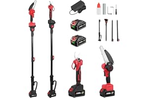 ONEVAN Akku Hochentaster und Astschere mit Teleskopstiel, 4-in-1, Bürstenlos 6 Zoll Akku Kettensäge + 25mm Akku Baumschere + 200mm Teleskopstange, 180° Einstellbarer Winkel, mit 2 4.0Ah Akkus