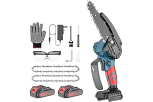 PONOSEU Brushless Mini Chainsaw Cordless, 6 Inch Electric Chainsaw Battery Handheld Portable for Cutting Trees and Wood, 2 x 2000 mAh Battery (Blue and Red)