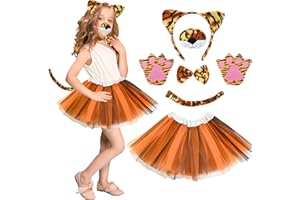 WELLCHY 7 Piezas Disfraces de Tigre para Niña, Disfraz Tigre Niños, Tigre Diadema Cola Nariz Lazo Garras Guantes Tutú Falda Set, Disfraces Accesorios de Animal para Niño Carnaval Cosplay