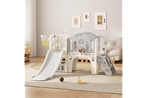VUECER Tobogán para Niños Pequeños con Escalera: Zona de Juegos Interior y Exterior con Caja de Almacenamiento Túnel Escalera Aro de Baloncesto y Zona de Paso Tobogán de Jardín (Elf Set-D-Gray)