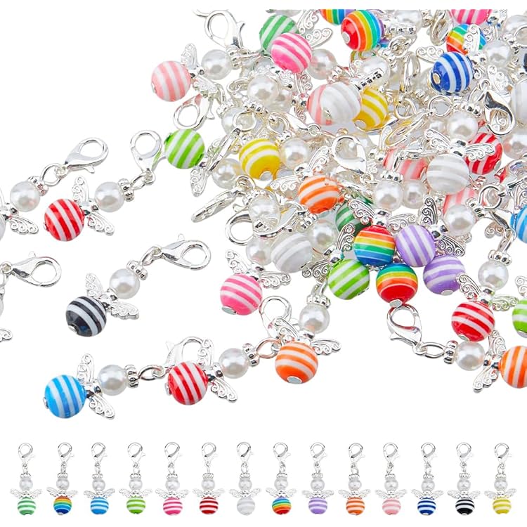 SUPERFINDINGS 36 stuks 9 kleuren engelenvleugel bedeltjes, beschermengel bedels, kleurrijke fee-hangers, acryl hartkralen bedeltjes met kreeftensluitingen voor DIY bruiloft sieraden maken