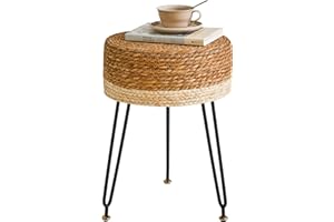 YMYNY Taburete Redondo, Otomana, Reposapiés Redondo de Algas Naturales con Asiento Tejido a Mano, Puf Suave Tapizado, para Sala de Estar, Dormitorio, 32 × 32 × 45CM Blanco HBD029W