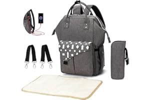 SONARIN Sac à Dos à Langer pour Bébé,avec Matelas à Langer,Sac biberon Isotherme,2 Sangles De Poussette,Sac à Dos à langer avec port de chargement USB,Imperméable,Grande Capacité,Élégant