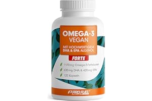 ‎PROFUEL Omega-3 vegan FORTE - 120 Kapseln - 2000 mg Algenöl pro Tag - hochdosiert mit 630mg DHA + 420 mg EPA - vegane Omega-3 Algenöl Kapseln - DHA:EPA Verhältnis 3:2 - laborgeprüft mit Analyse-Zertifikat